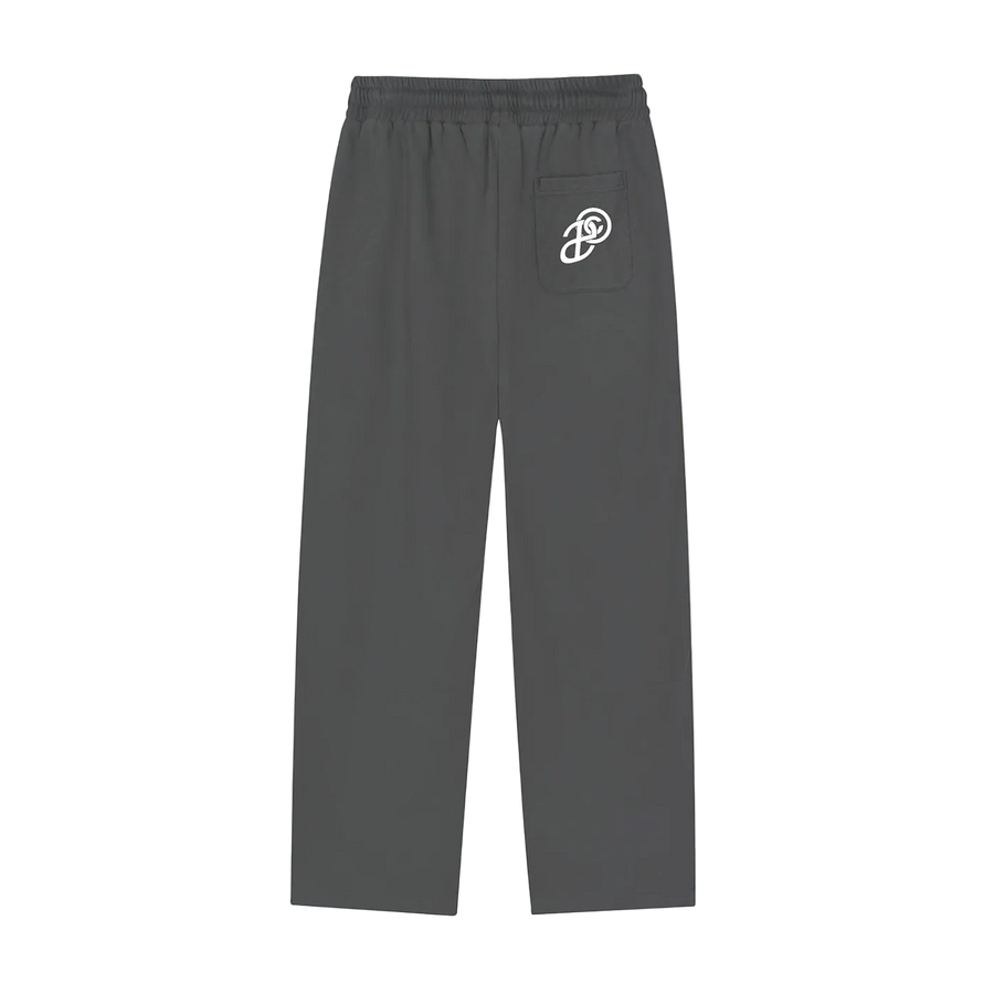 Gray sweatpants with a pocket featuring a logo