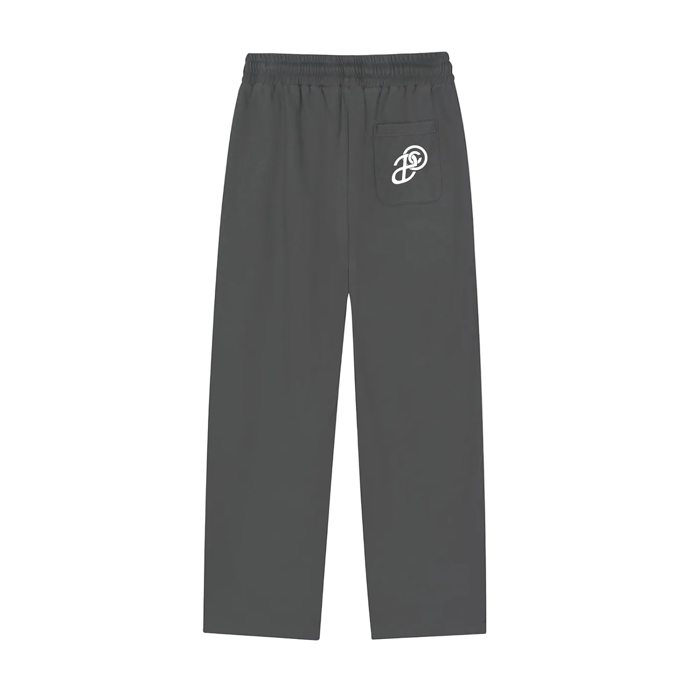 Gray sweatpants with a pocket featuring a logo
