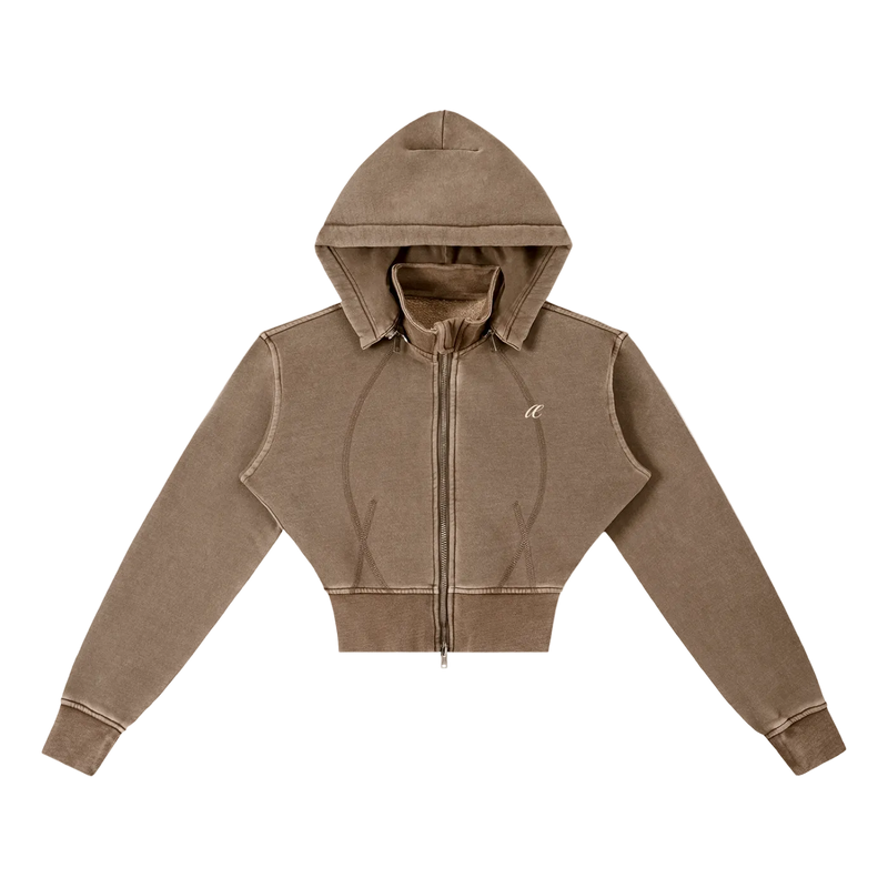 fæ // ember cropped brushed fleece hoodie in washed coffee