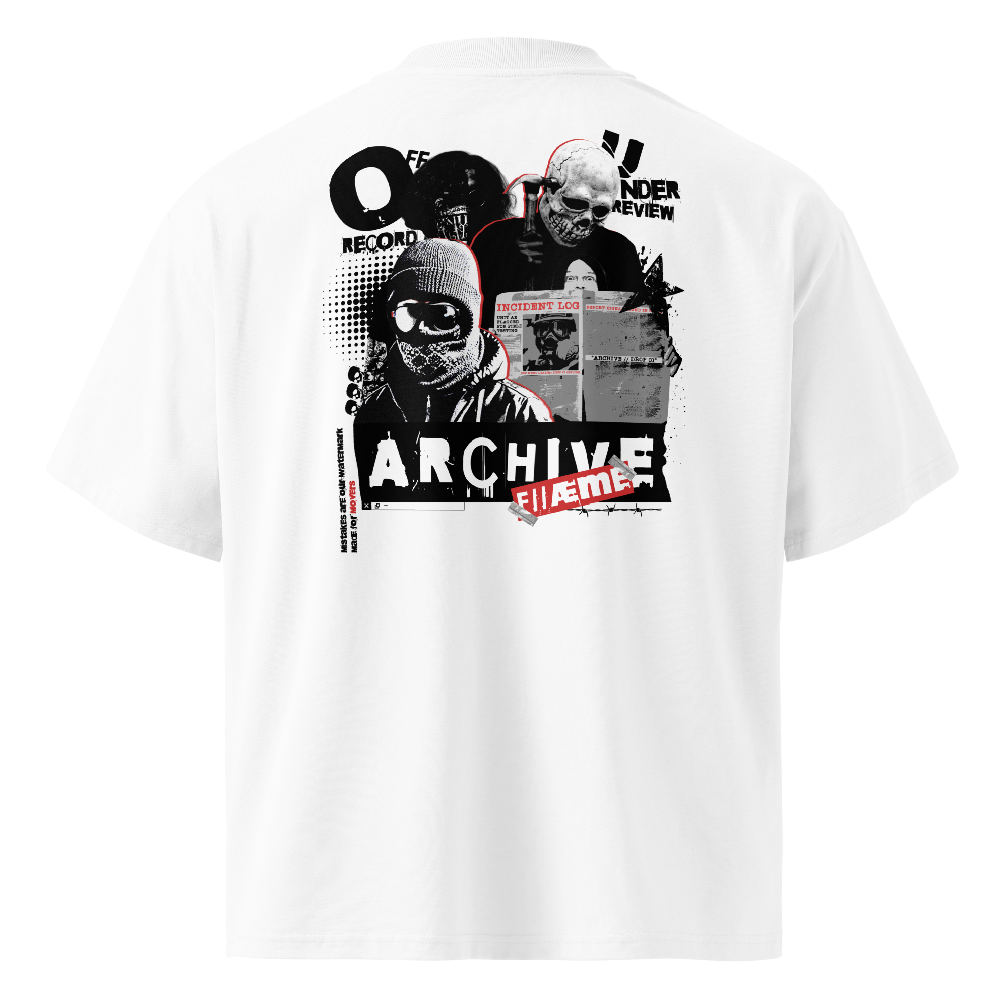 White t-shirt with graphic design featuring text and images on white cotton.