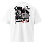 White t-shirt with graphic design featuring text and images on white cotton.
