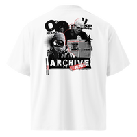 White t-shirt with graphic design featuring text and images on white cotton.
